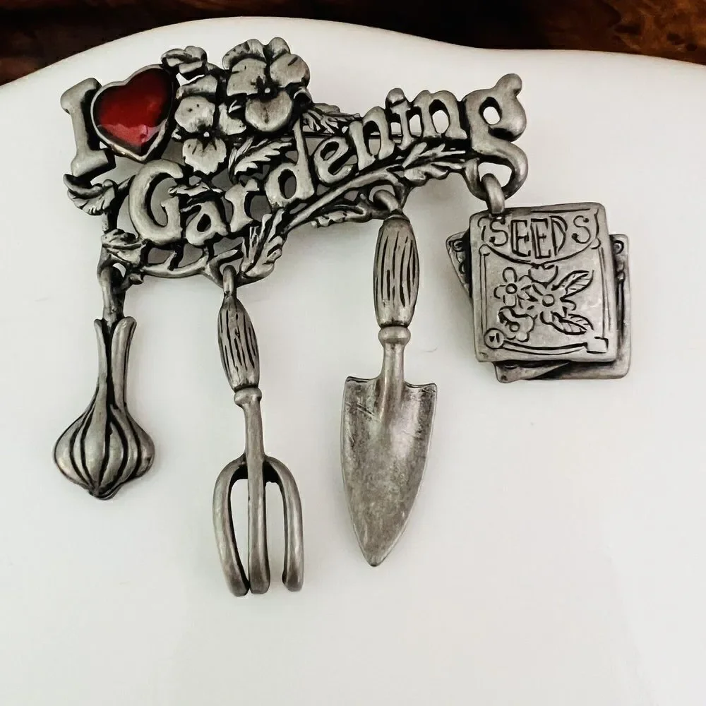 Vintage Danecraft I Love Gardening Pewter Pin Brooch Red Enameled Heart 1198